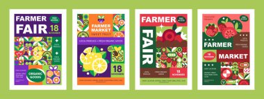 Çiftçi Market Flyer Şablonları. Bir vektör illüstrasyonunda Geometrik Mozaik Sebzeler ve Meyve Posterleri