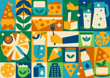 Kusursuz Geometrik Süt ve Peynir deseni. Paketleme ve Tekstil Tasarımı için Mozaik Gıda Arkaplanı