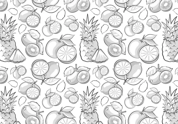 Kusursuz Citrus Meyve Şablonu El Çizimi Skeç Tarzı. Limon, portakal, kivi, ananas vektör çizimi