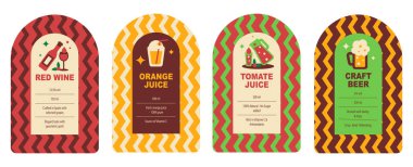 Bir vektör illüstrasyonunda şarap, bira, domates suyu ve portakal suyu şişeleri için Geometrik etiket koleksiyonu