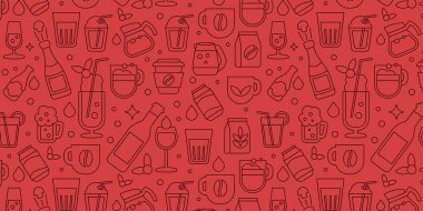 Bir vektör illüstrasyonunda geometrik içecek ikonları, şarap, bira, kahve, çay ve kokteyllerin kusursuz ana hatları sancağıName