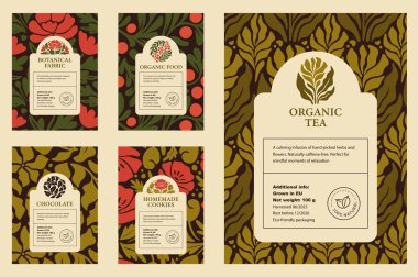 Organic Food Label Templates. Botanical Patterns with logo for Chocolate, Cookies, Tea and Eco Packaging Design in a vector illustration