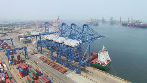 Tianjin, Čína – 4. červenec 2017: letecký pohled na přístav s nákladovými kontejnery, Tianjin, Čína. — Stock video