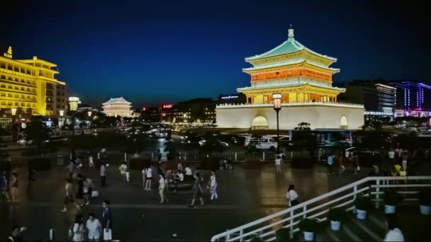Nattvy över klocktornet i XI ' an, Kina — Stockvideo
