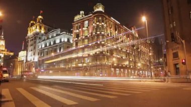 Şangay Çin - Eylül 10:Bund Şangay gece. Merkezi Şanghay'da Bund boyunca gece görünümü