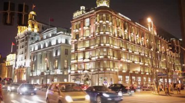 Şangay Çin - Eylül 10:Bund Şangay gece. Merkezi Şanghay'da Bund boyunca gece görünümü