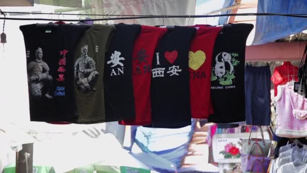XIAN, CHINA - MAY 26, 2012 년 5 월 26 일: 확인되지 않은 사람들이 중국 시안의 쇼핑가에 있는 상점에서 전통 기념품을 선택하다. — 비디오
