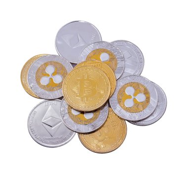 Cryptocurrency fiziksel altın bitcoin sikke üzerinde bitcoins. Para kavramı.