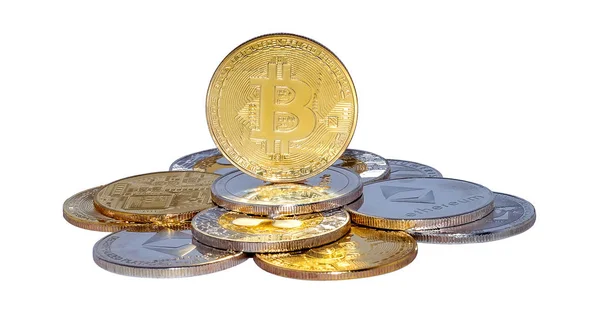 Cryptocurrency fiziksel altın bitcoin sikke üzerinde bitcoins. Para kavramı.
