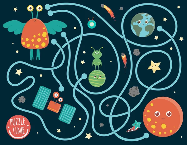 Labirintus Gyerekeknek Óvodáskorú Űrtevékenység Kirakós Játék Idegen Föld Bolygó Csillag — Stock Vector