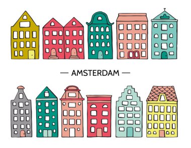 Sevimli evlerin Vektör illüstrasyon. Amsterdam sokak simgeleri