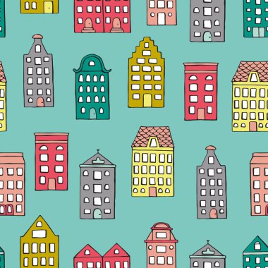Mavi arka plan üzerinde sevimli evler ile Vektör dikişsiz desen
