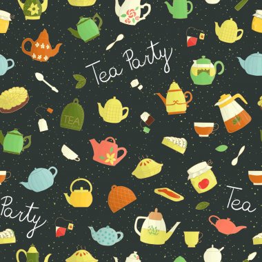 Renkli çaydanlıklar, pasta, sandviç, reçel Vektör dikişsiz desen 