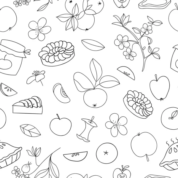 Patrón sin costura vectorial de manzanas dibujadas a mano lindo, pastel de manzana — Vector de stock