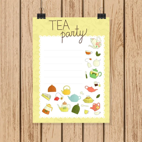 Convite de festa de chá ou banner em estilo doodle — Vetor de Stock