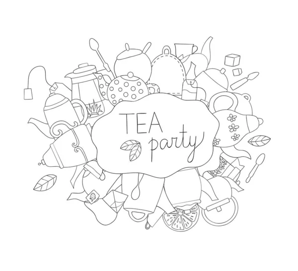 Éléments de thé fond vectoriel noir et blanc . — Image vectorielle