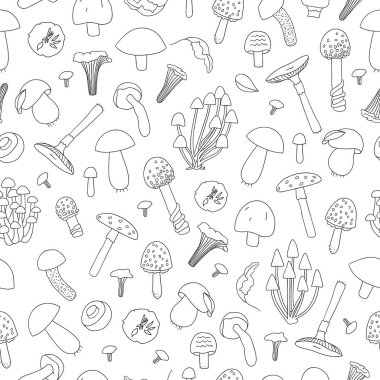 Siyah ve beyaz mantar vektör dikişsiz desen. İzole monokrom aspen, turuncu fincan, champignon, chanterelle, toadstool, ölüm kapağı, mantar ile arka planı tekrarlayın. Karikatür tarzında gıda dokusu.