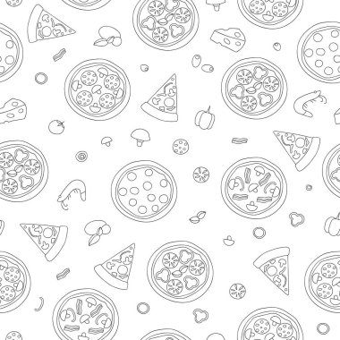 Siyah beyaz pizza vektör dikişsiz desen. Backgro'u tekrarlayın