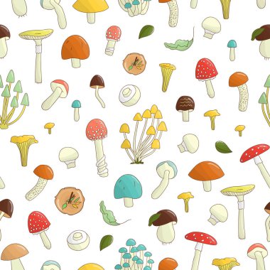Renkli mantar vektör dikişsiz desen. İzole parlak aspen, turuncu fincan, champignon, chanterelle, toadstool, ölüm kapağı, mantar ile arka planı tekrarlayın. Karikatür tarzında gıda dokusu.