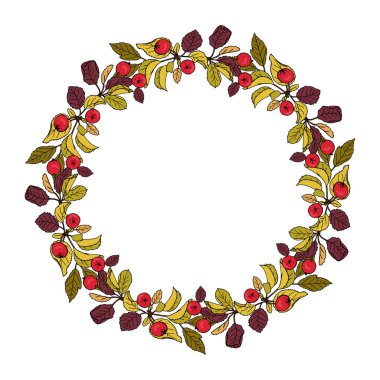 Cennet elmavektör çelenk. El çizilmiş karikatür tarzı illüstrasyon. Düğün, tatil veya kart tasarımı için şirin yaz veya bahar çerçevesi