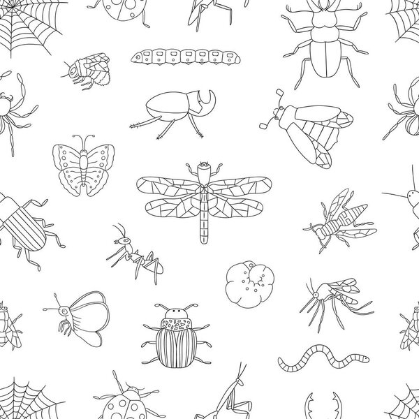 Vector seamless pattern of black and white insects. Repeat backg