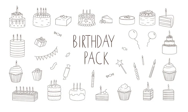 Vektor-Set aus schwarzen und weißen Kuchen mit Kerzen, Luftballons — Stockvektor
