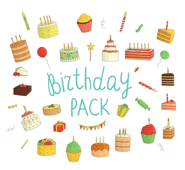Vektor-Set aus bunten Kuchen mit Kerzen, Luftballons, Geschenken — Stockvektor