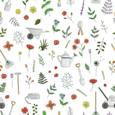 Renkli bahçe araçları, çiçekler, otlar Vektör dikişsiz desen,