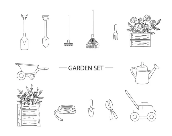 Vektorová sada černých a bílých zahradních nástrojů, květin, bylin, rostlin — Stockový vektor