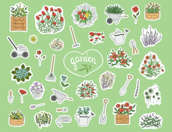 Vector conjunto de pegatinas de colores con herramientas de jardín, flores, hierbas — Vector de stock