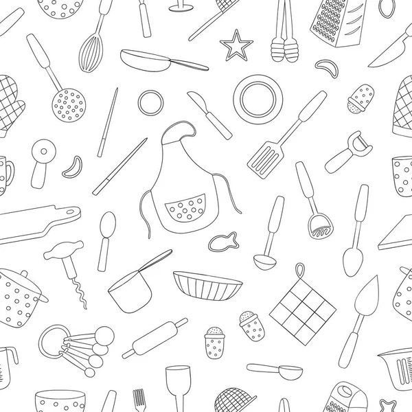 Patrón sin costura vectorial de equipos de cocina en blanco y negro — Vector de stock