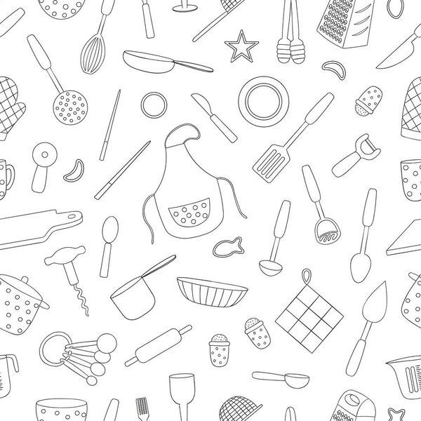 Векторный бесшовный рисунок черно-белого кухонного оборудования
