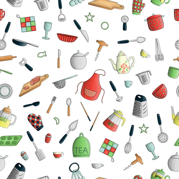 Векторный бесшовный рисунок цветных кухонных инструментов — стоковый вектор