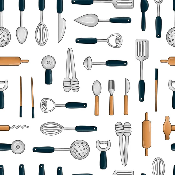 Vector seamless pattern of colored kitchen tools — Stock Vector