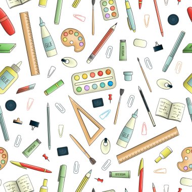 Renkli kırtasiye, ofis veya okul vektör dikişsiz desen 