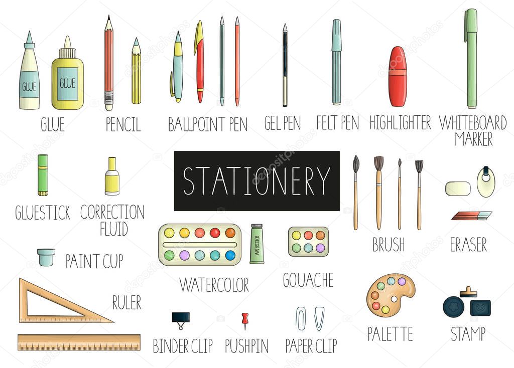Vector set of colored stationery, writing materials, office