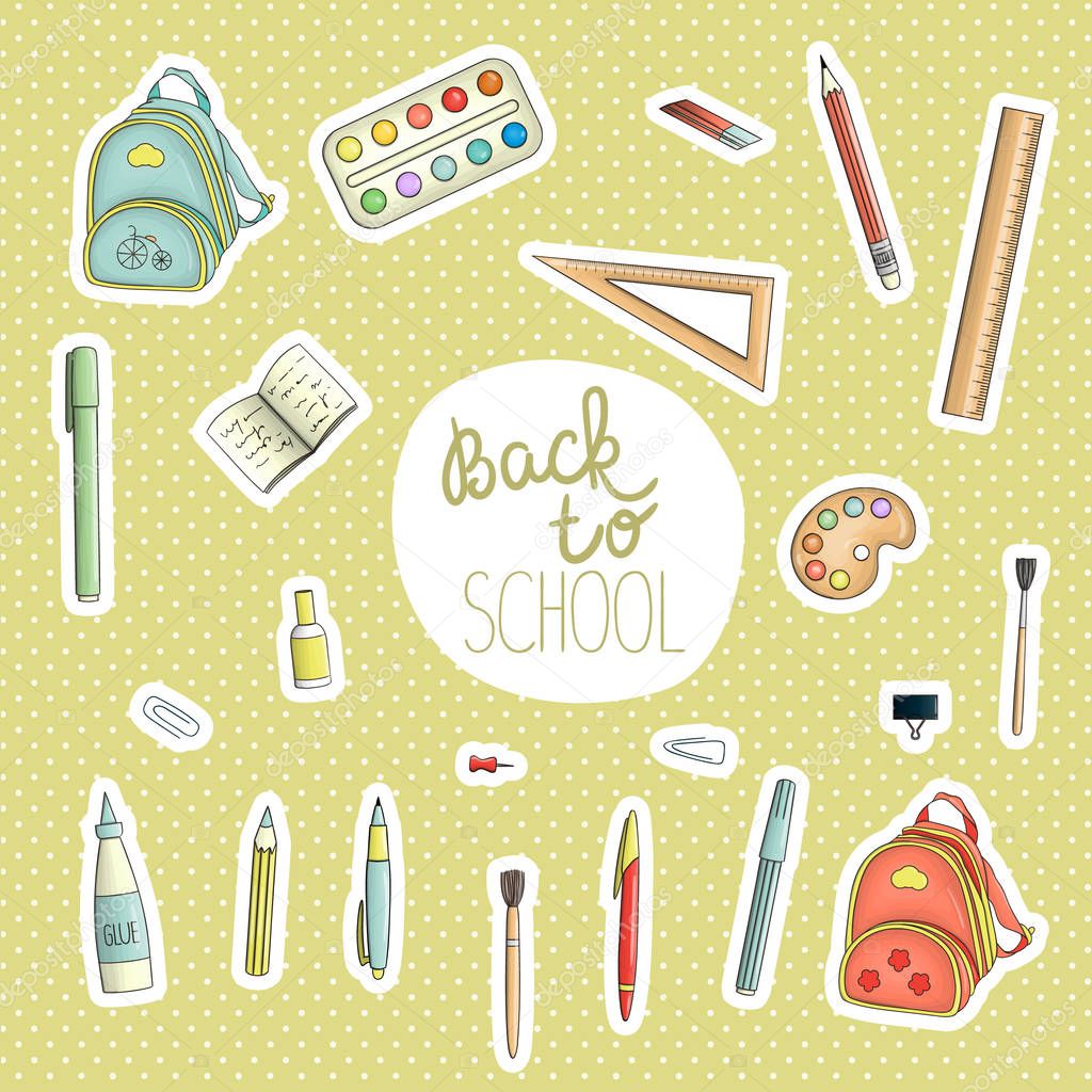 Vector set of colored stickers with stationery, writing material