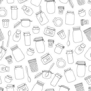 Siyah ve beyaz reçel kavanoz vektör dikişsiz desen. Monokrom 