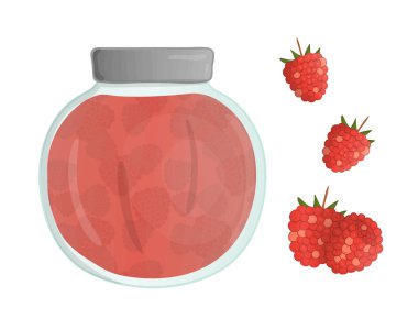 Ahududu reçeli ile renkli kavanoz Vektör illüstrasyon. Ahududu