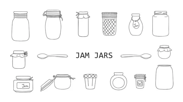 Vector set of black and white jam jars isolated on white backgro — Stock Vector