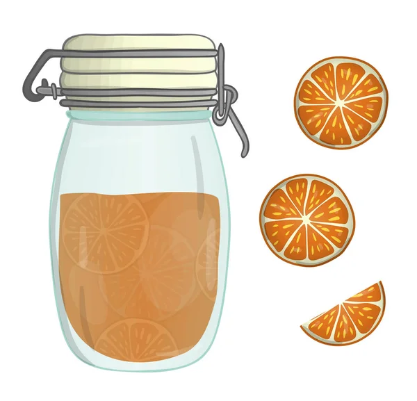 Ilustración vectorial de tarro de color con mermelada de naranja. Pieza naranja — Vector de stock