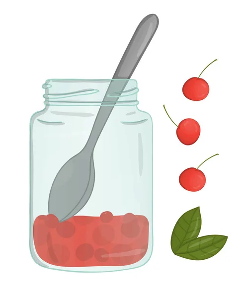 Ilustração vetorial de jarro colorido com geléia de cereja. Cereja, erva — Vetor de Stock