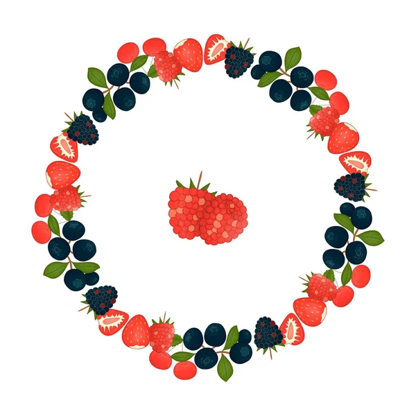 Yeşil yaprakları ile yaban mersini Vektör çelenk. Elle çizilmiş carto