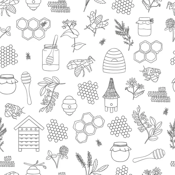 Vector black and white seamless pattern of honey, bee, bumblebee — Stock Vector
