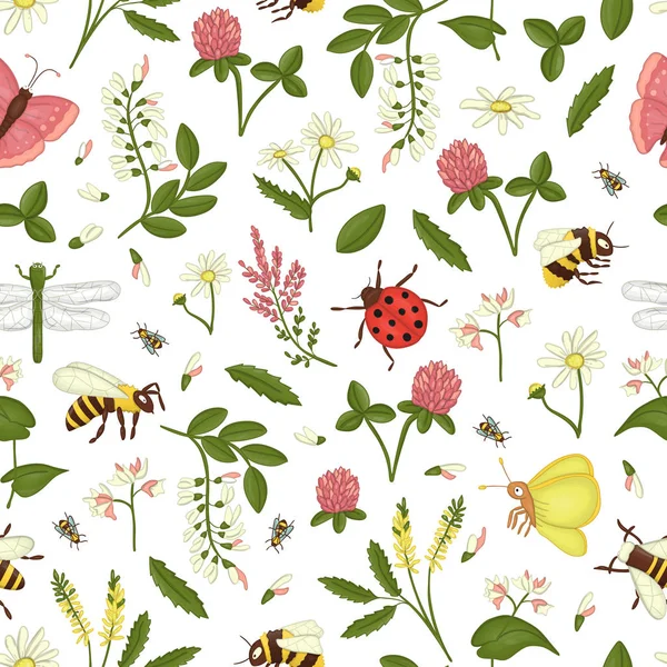 Διάνυσμα χωρίς ραφές των άγριων λουλουδιών, μέλισσα, μελισσούλα, δραφ — Διανυσματικό Αρχείο