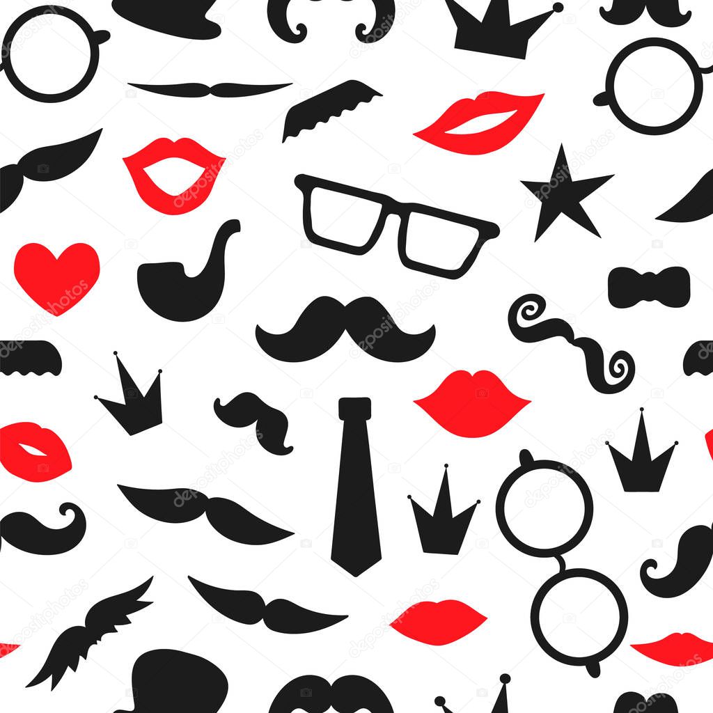 Vector seamless pattern of photo booth props. Repeating backgrou