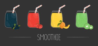 Cam kavanozrenkli meyve ve berry smoothies Vektör seti