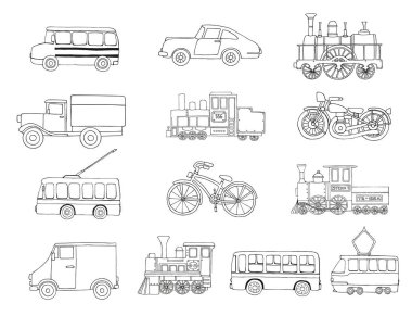 Vektör siyah beyaz retro motorlar ve taşıma seti