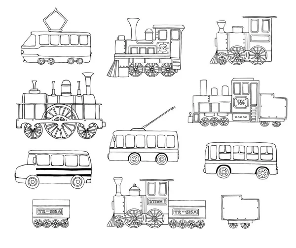 Векторний чорно-білий набір ретро двигунів і громадського транспорту — стоковий вектор