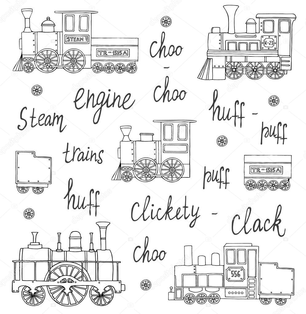 Vector black and white set of retro engines. Vector illustration